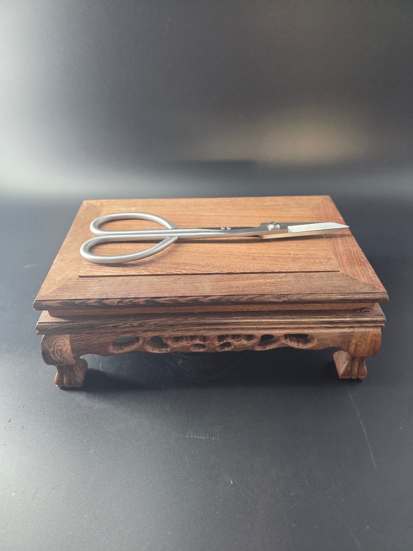 Silver bonsai pruning scissors standing upright against a wooden block
