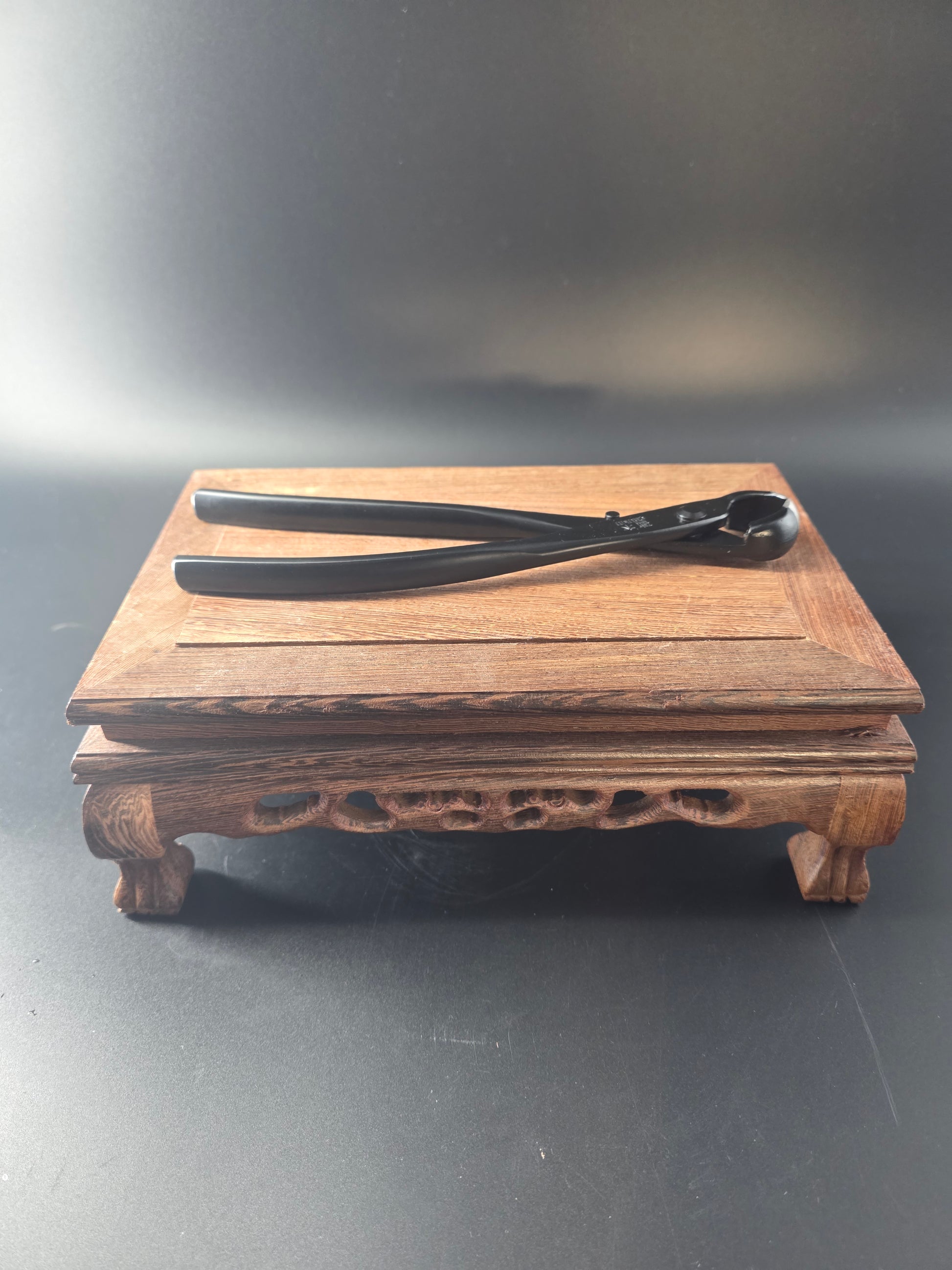 Black bonsai knob cutter standing upright against a wooden block, showing its round head