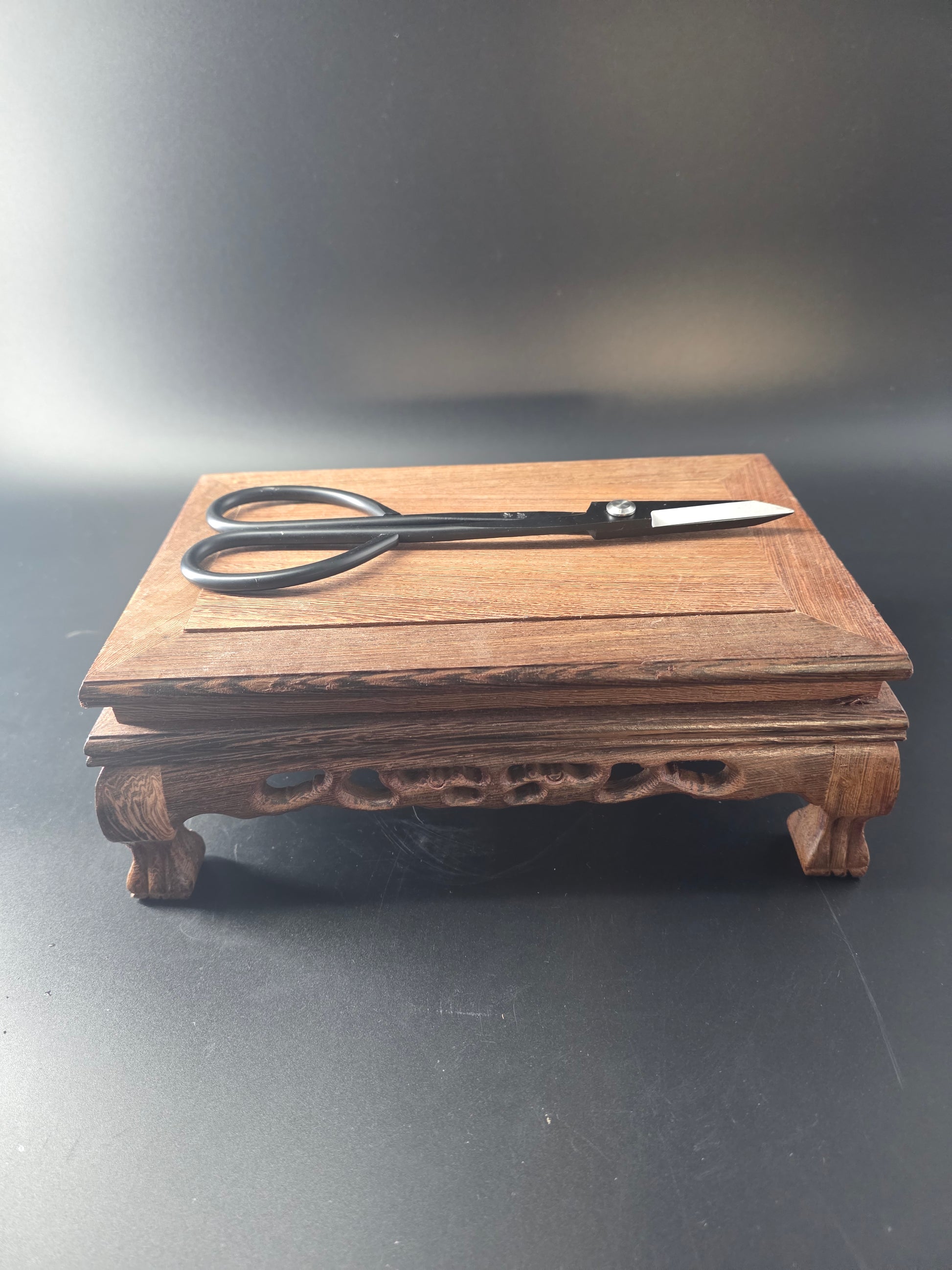 Black bonsai pruning scissors standing upright against a wooden block