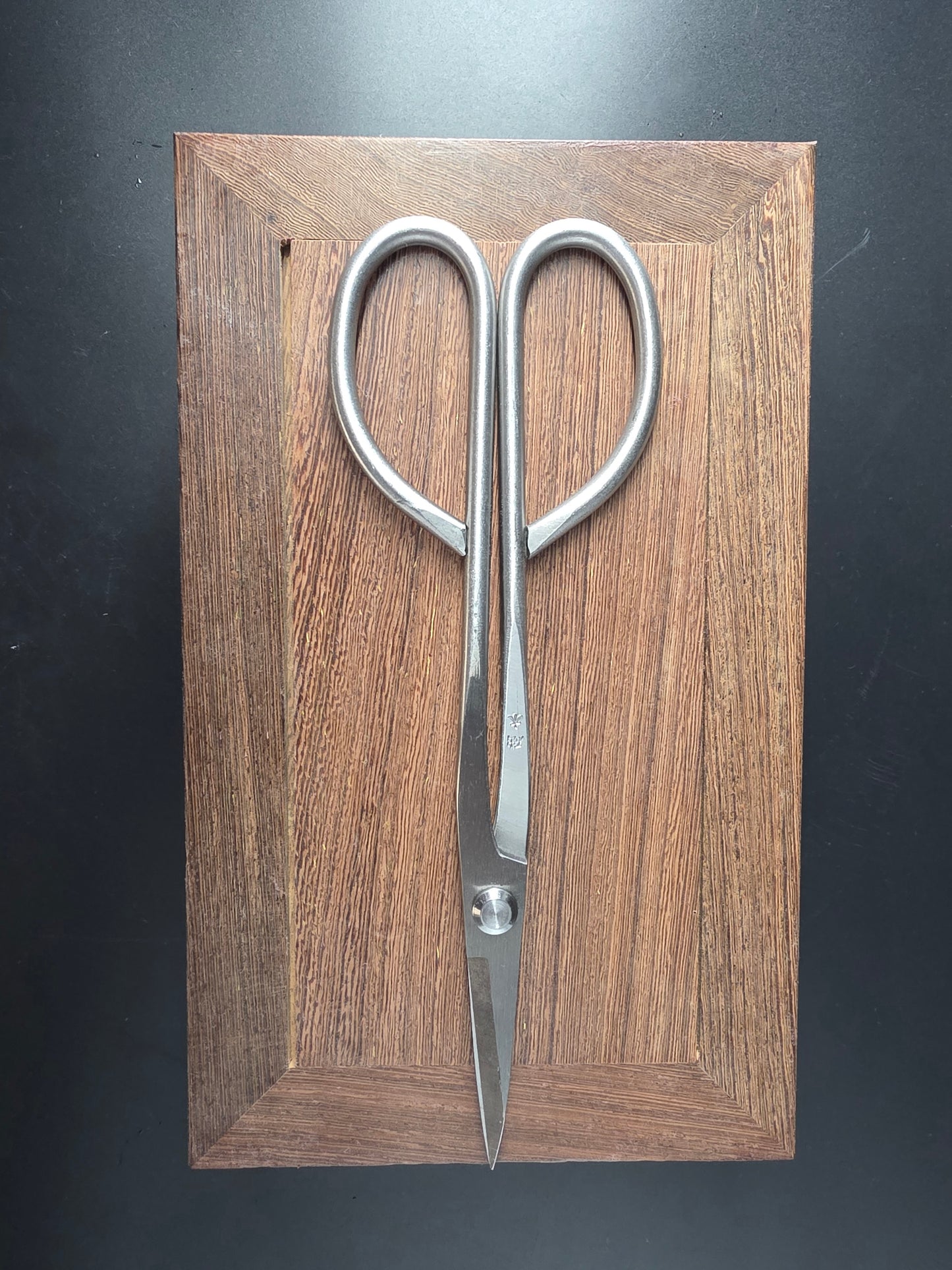 Silver bonsai pruning scissors with loop handles and long narrow pointed blades, laid flat on a wooden board